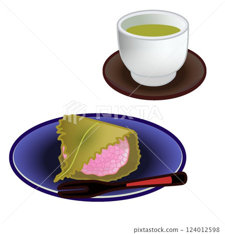 Illustration of sakura mochi and tea on a small plate 124012598