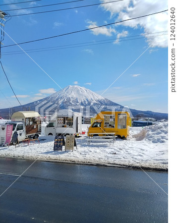 Food trucks on Niseko Park Street and Mt. Yotei in winter 124012640