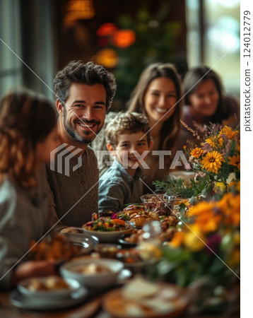 Multigenerational family gathering for a joyful meal filled with laughter and love 124012779