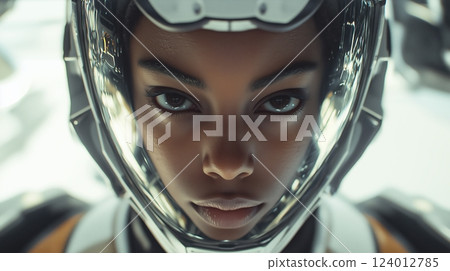 African female android with stunning eyes faces an alien monster inside a spaceship 124012785