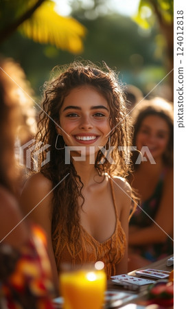 Friends enjoying a fun day playing cards at a picnic table in the park Friends enjoying a fun day playing cards at a picnic table in the park 124012818