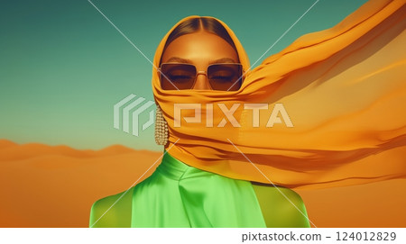 Model in light green dress with scarf flying in desert wind Model in light green dress with scarf flying in desert wind 124012829
