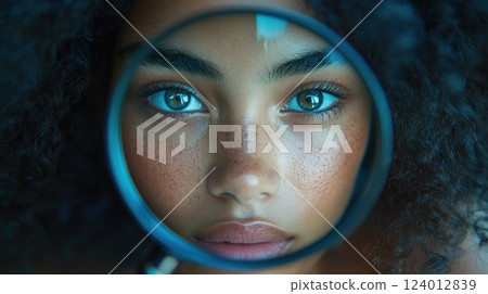 Magnifying skin detail reveals textures and pores through a lens 124012839