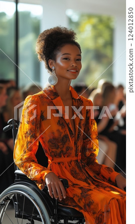 Fashion show celebrates inclusivity with diverse models and vibrant designs in natural light 124012850