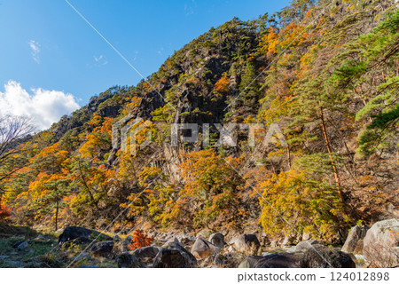 [Yamanashi Prefecture] Shosenkyo Gorge in autumn, with beautiful autumn foliage along the promenade along the Arakawa River 124012898