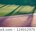 Well-maintained stadium grass and track 124012970