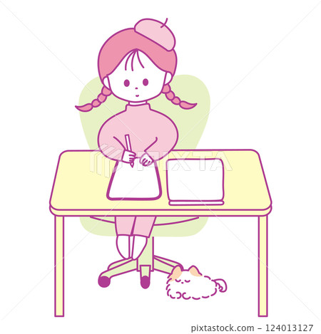 一位插畫家在辦公桌上的平板電腦上作畫,腳邊放著他的寵物博美犬 一位插畫家在辦公桌上的平板電腦上作畫,腳邊放著他的寵物博美犬 124013127