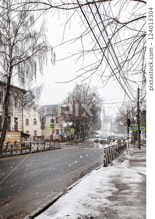 cityscape of Kostroma during snowfall in winter 124013304