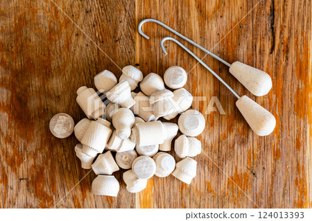 top view of pile of russian biryulki wooden chips top view of pile of russian biryulki wooden chips 124013393