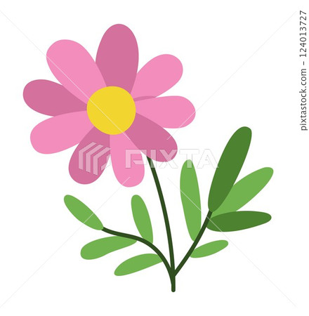 Vector cartoon flower clipart. Woodland or garden decorative plant icon isolated on white background. Forest nature pink bloom with green leaves illustration. Simple abstract floral picture 124013727
