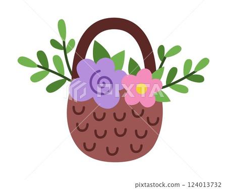 Vector cartoon flower basket clipart. Woodland or garden plant icon isolated on white background. Forest nature floral illustration. Cottage core harvest Vector cartoon flower basket clipart. Woodland or garden plant icon isolated on white background. Forest nature floral illustration. Cottage core harvest 124013732