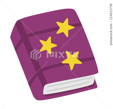 Vector spell book with stars, front view. Back to school or fairytale educational clipart. Cute flat copybook or spellbook. Blank sheets of paper. Fairy or witch magic object 124013736