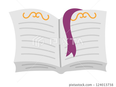 Vector opened spell book with bookmark, front view. Back to school or fairytale educational clipart. Cute flat copybook or spellbook. Blank sheets of paper. Fairy or witch magic object 124013738