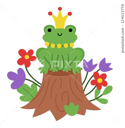 Vector frog prince or princess icon. Magic creature clipart. Cute fairytale character. Woodland fantasy animal with crown on head sitting on stump. Forest fairy tale illustration isolated on white 124013759