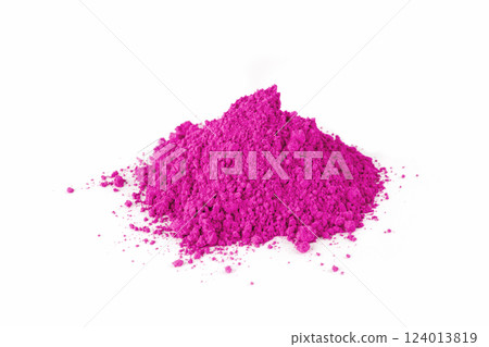 Bright Magenta Powder With Gardening Tool on White Background Showcasing Vibrant Color 124013819