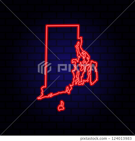 Neon map State of Rhode Island on brick wall background. Neon map State of Rhode Island on brick wall background. 124013983