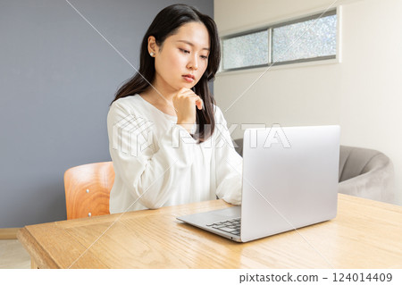 Asian woman worried in front of PC 08 Asian woman worried in front of PC 08 124014409