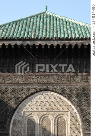 Morocco, Fez, Medina (old town), Bou Inania Madrasa, courtyard wall sculpture Morocco, Fez, Medina (old town), Bou Inania Madrasa, courtyard wall sculpture 124014490