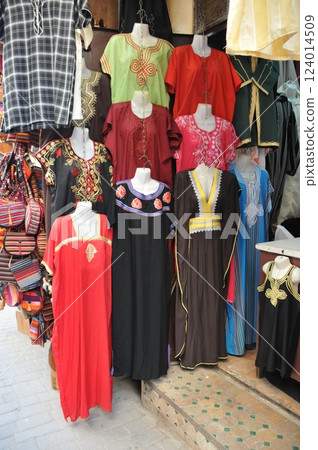 Morocco, Fez, Medina (old town), traditional clothing store Morocco, Fez, Medina (old town), traditional clothing store 124014509