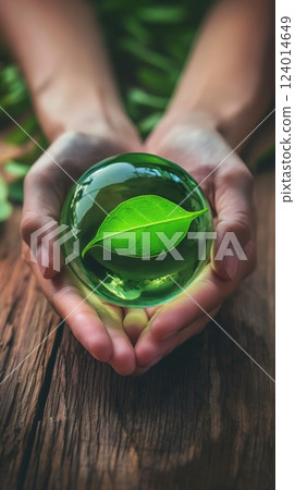 hands cupping a luminous green crystal sphere a leaf in focus on earthy background optimism copyspace concept of conservation tourism renewable energy 124014649
