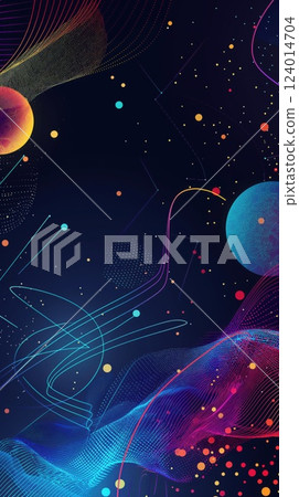 colorful abstract shapes with swirling gradients dotted spheres on dark background copyspace concept of graphic design digital marketing technology 124014704