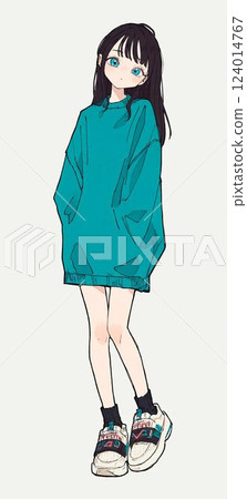 A girl in a blue-green sweatshirt standing 124014767