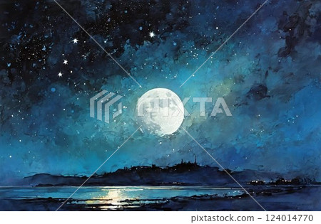 海面倒映著蔚藍的夜空與滿月，呈現一幅神秘的風景畫 124014770