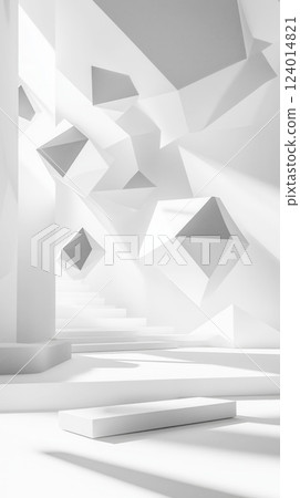 abstract white geometric interior with angular forms bright minimalist lighting, modern staircase, ample copyspace concept of architecture, branding abstract white geometric interior with angular forms bright minimalist lighting, modern staircase, ample copyspace concept of architecture, branding 124014821