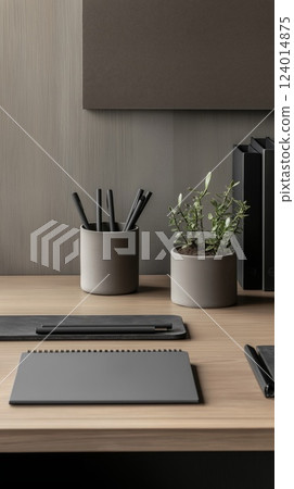 minimal workspace with sleek pen holder and small potted plant on wooden desk, neutral tones, copyspace concept for office organization, productivity, branding minimal workspace with sleek pen holder and small potted plant on wooden desk, neutral tones, copyspace concept for office organization, productivity, branding 124014875
