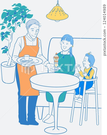 A mother and child relaxing in a cafe and a senior waiter happily serving them 124014989