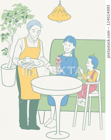 A mother and child relaxing in a cafe and a senior waiter happily serving them A mother and child relaxing in a cafe and a senior waiter happily serving them 124014995