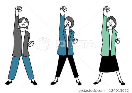 一組全身插畫，描繪的是一位舉起雙臂的開朗女性 124015022