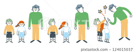 Teacher and touch: How to close the distance between a man and two children - set stock illustration material 124015037