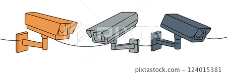 CCTV video cameras one line colored continuous drawing. External home security system. Vector illustration. CCTV video cameras one line colored continuous drawing. External home security system. Vector illustration. 124015381