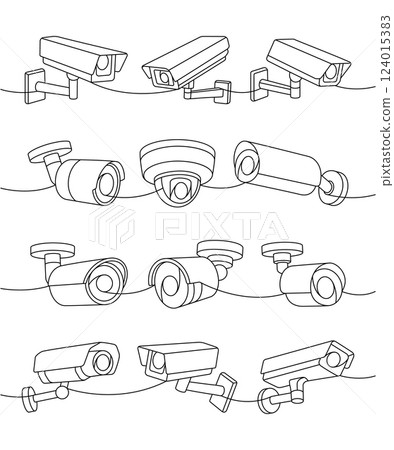 Security cameras one line continuous drawing. Safety home protection system. Vector illustration. 124015383