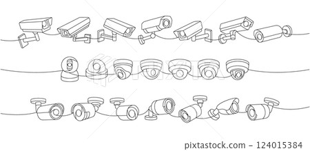 Surveillance cameras one line continuous drawing. Safety home protection system. Vector illustration. 124015384