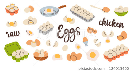 Chicken eggs set. Raw and boiled eggs, broken eggshells, protein and yolk. Organic farm product. Farming and agricultural. Vector illustration. 124015400