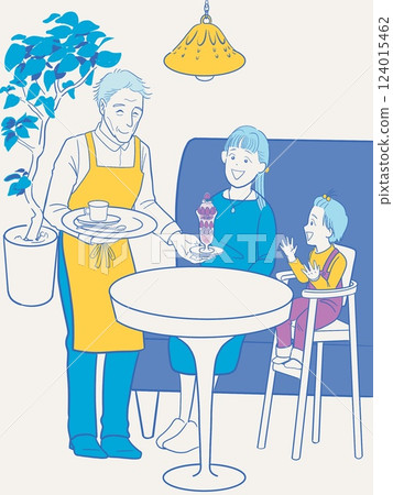 一位母親和孩子在咖啡館休息，一位高級服務員高興地為他們服務 124015462