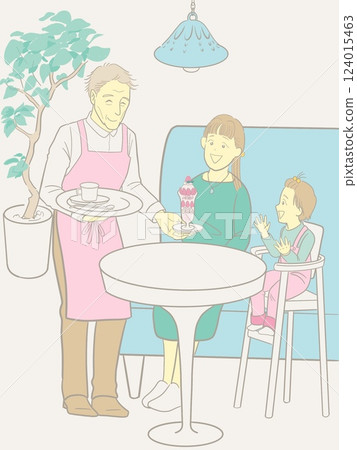 一位母親和孩子在咖啡館休息，一位高級服務員高興地為他們服務 124015463