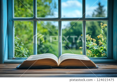 Book placed at the window 124015475
