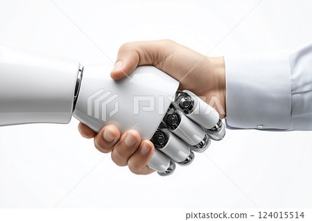 A man's hand in a white shirt shaking hands with a robot. Business, teamwork, cooperation 124015514
