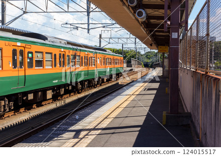 The station platform and a Shonan-colored train parked at the station [Kaminomachi Station, Setouchi Ohashi Line] 124015517