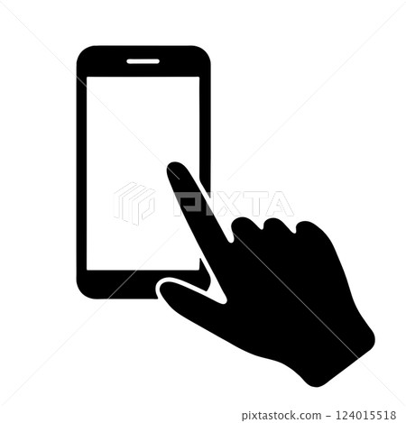 Simple black silhouette illustration of a hand touching a smartphone screen, cut out on a transparent background Simple black silhouette illustration of a hand touching a smartphone screen, cut out on a transparent background 124015518