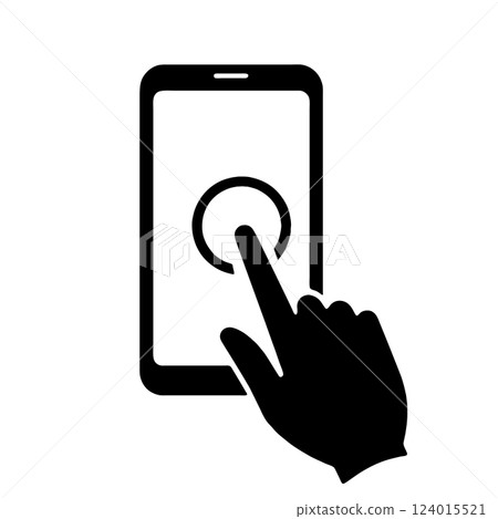 Simple black silhouette illustration of a hand touching a smartphone screen, cut out on a transparent background Simple black silhouette illustration of a hand touching a smartphone screen, cut out on a transparent background 124015521