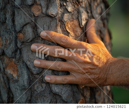 hand placed on rugged tree bark in golden sunlight revealing detailed wrinkles and a warm connection with nature concept of people, wellness, health 124015621