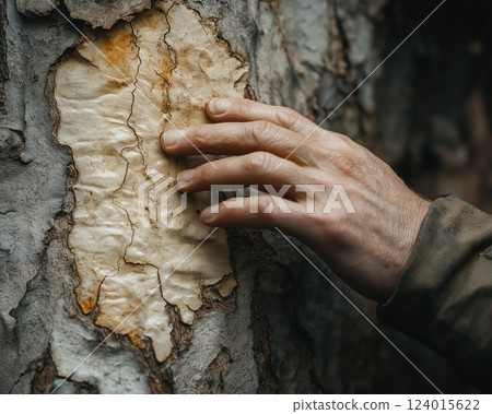 rough skinned hand gently tracing exposed tree bark texture in earthy forest setting highlighting natural connection copyspace concept of sustainability eco forestry 124015622
