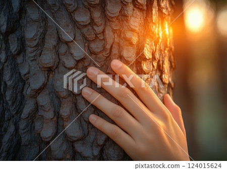 human hand gently touching rough tree bark in glowing sunlight evoking nature connection and calm atmosphere copyspace concept of environment, wellness 124015624