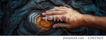 hand touching swirling tree bark with deep organic textures in a tranquil natural scene evoking calm concept of environment sustainability wellness 124015625