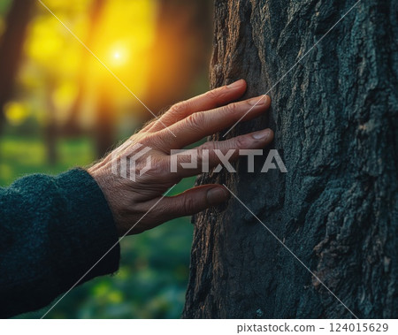 wrinkled hand resting on textured tree trunk in warm forest glow with copyspace soothing atmosphere concept of nature conservation sustainability wrinkled hand resting on textured tree trunk in warm forest glow with copyspace soothing atmosphere concept of nature conservation sustainability 124015629