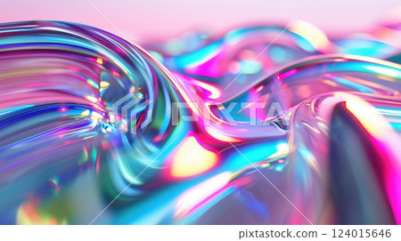 flowing iridescent liquid shapes in vibrant holographic colors with glossy wave forms and highlights copyspace concept of design, branding, advertising 124015646